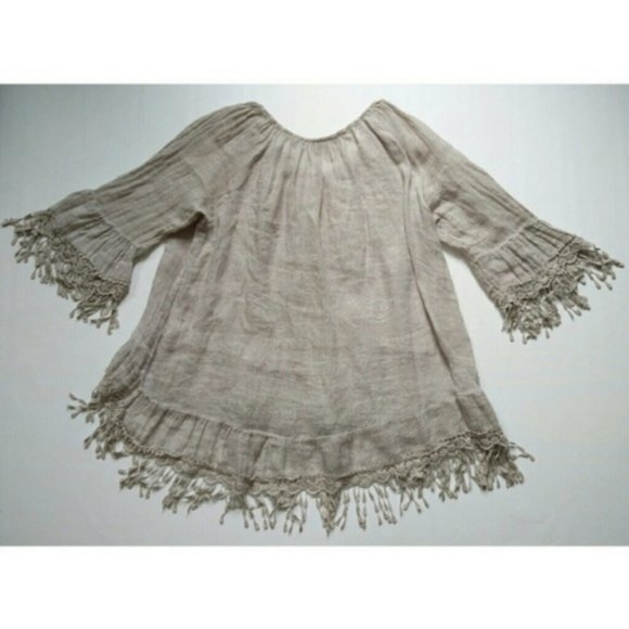 Vintage Tops - Linen Boho style blouse top lace top high low